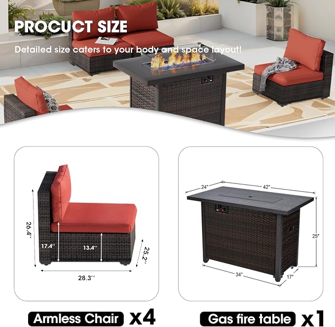 Outdoor Sectional Furniture, 5 Piece Patio Furniture Set with 42-inch Fire Wicker Propane Fire Pit Table - All Weather Wicker Rattan Couch Sofa Conversation Set for Backyard Lawn Poolside Deck, Red