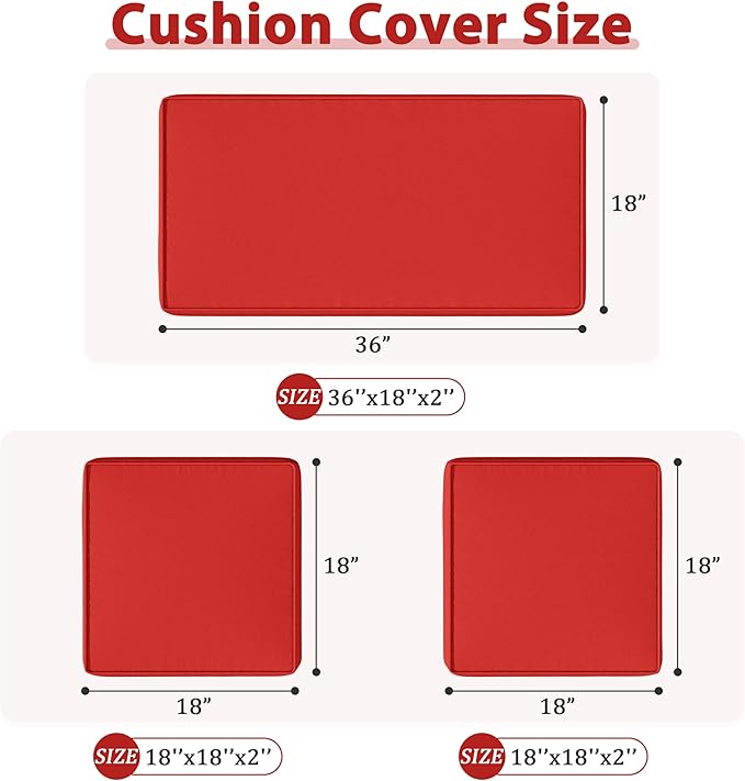 3 Pack Outdoor Patio Seat Cushions Replacement Covers Fit for 4 Pieces 4-Seater Wicker Rattan Patio Conversation Set Loveseat Chair Couch Furniture,36x18x2,18x18x2,Red-Cover Only
