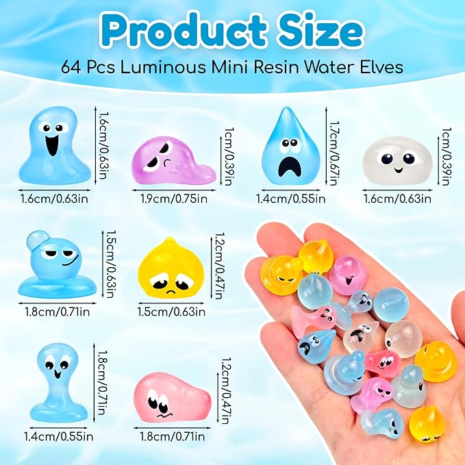 64 Pcs Luminous Mini Resin Water Elves Figurines Glow in the Dark Tiny Little Resin Figures for Halloween Micro Landscape Fairy Garden Decor