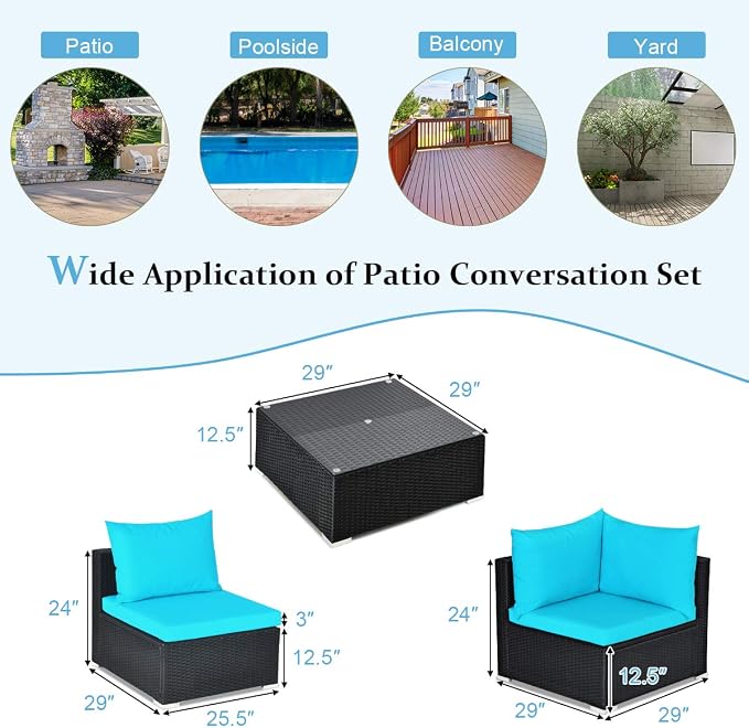 Tangkula 7 Piece Patio Furniture Set - Outdoor Sectional Sofa with Pillows and Cushions, Wicker Sofa Conversation Set with Coffee Table