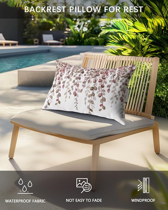 Outdoor Pillows Waterproof Covers Set of 2, Brown Eucalyptus Leaves Adjustable Elastic Chaise Lounge Headrest Pillow Covers, Watercolor Branches Lumbar Pillow for Pool Beach Patio Furniture 20x12 Inch
