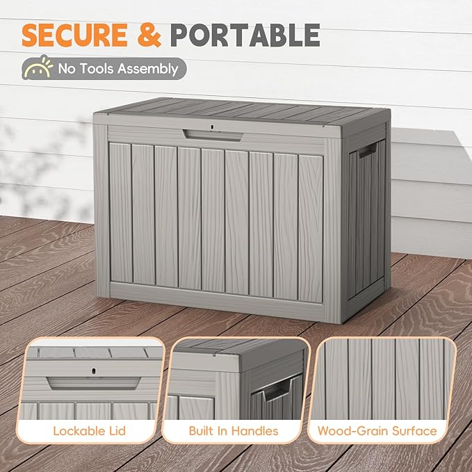 50 Gallon Outdoor Deck Box - Lockable Waterproof Storage Container, Resin Weatherproof Box for Patio Garden Furniture Pool Tools Cushions, Grey