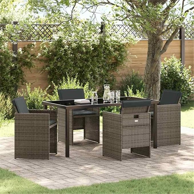 Afuera Living 5 Piece Poly Rattan Patio Dining Set, Gray, Tempered Glass Table, Powder-Coated Steel Legs, Weather-Resistant Cushions, Modern Design for Outdoor Garden or Patio Dining