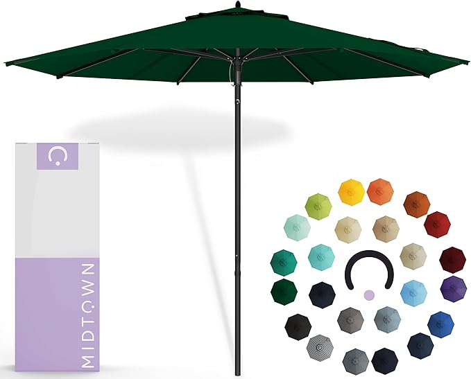 Midtown Umbrellas Push & Pop 9 Ft Patio Umbrellas with Push & Pop Mechanism, Fiberglass Ribs & Sunbrella Fabric – Outdoor Umbrella for Deck, Pool, Cafés and Hotels – Forest Green Canopy, Black Pole