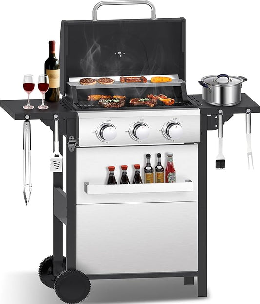 CIG GARDEN 3-Burner Propane Gas Grill,Outdoor Barbecue Grill with Side Tables and Wire Enamel Cooking Grids,31,500 BTU Output Stainless Steel Grill for Patio Garden Camping Backyard BBQ