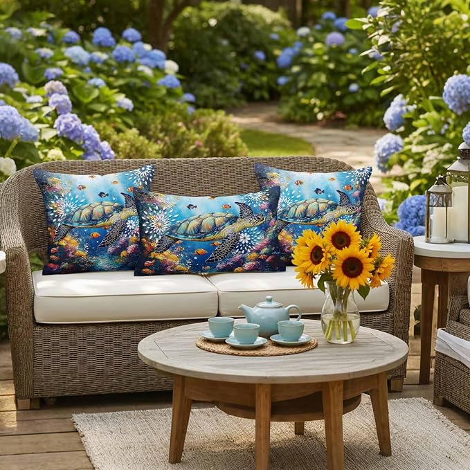 Turtle Waterproof Outdoor Pillow Covers Set of 2 Home Decor, Ocean Fish Coral Underwater World Cartoon Pillowcase Patio Pillow Covers for Couch Bench Furniture Garden 16x16in