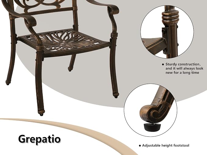 TITIMO 5-Piece Cast Aluminum Outdoor Patio Dining Set, 4 Pattern Chairs and 35.4" Round Table,Cast Aluminum Conversation Set with 2.2” Umbrella Hole (Without Cushions, 1 Round Table + 4 Chairs)