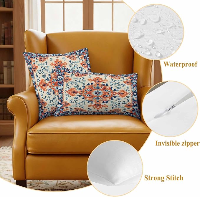 Retro Ethnic Leaves Outdoor Waterproof Throw Pillow Covers Set of 2, 20"x12", Flowers Orange Blue Texture Decorative Pillow Covers Outside Cushion Case for Patio Porch Garden