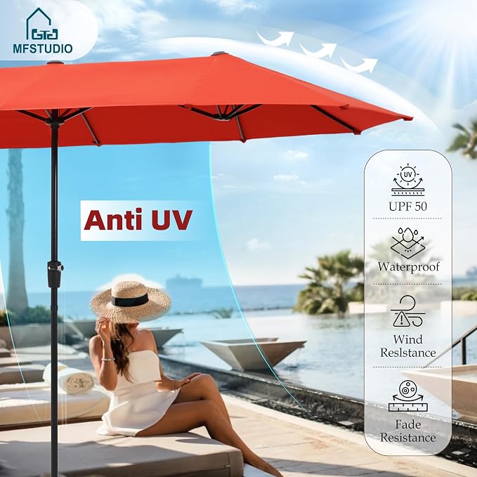 MFSTUDIO Patio Dining Set for 6, Outdoor Dining Set with Umbrella, Patio Furniture Set with 1 Rectangular Table Fixed Chairs 2 Swivel Chairs & Orange Red Umbrella (Base not Included)