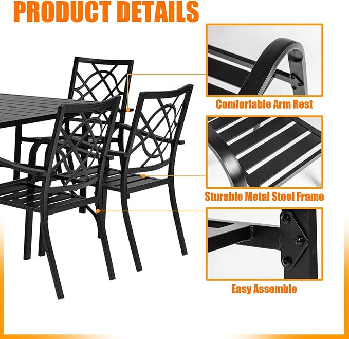 Crownland 5 Piece Patio Dining Set, 4 Stackable Metal Chairs and Square Outdoor Dining Table with 9FT Round Khaki Outdoor Umbrella, Metal Tabletop