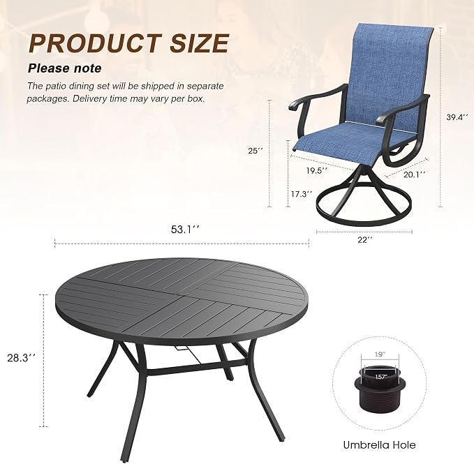VICLLAX Patio 7 Pieces Outdoor Dining Set, 53" Round Metal Table with Umbrella Hole and 6 Swivel Textilene Chairs for Lawn, Garden, Porch, Black/Dark Blue