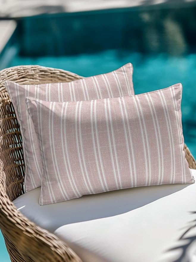 Waterproof Outdoor Pillow 1 Pack Red Linen Striped Decorative Throw Pillows Cover & Insert 20x12 Inch Lumbar Pillowcase Vertical Stripes Lines Pillows for Couch Sofa Bed Patio Furniture Indoor Outdoor