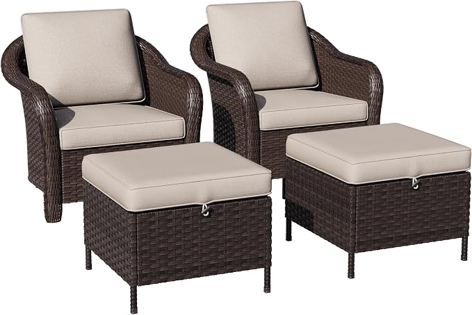 4 Piece Patio Wicker Conversation Set, 2 All-Weather Use Outdoor Wicker Chairs with 2 PE Rattan Ottomans,Ideal for Porch, Backyard, Balcony, Poolside, Beige