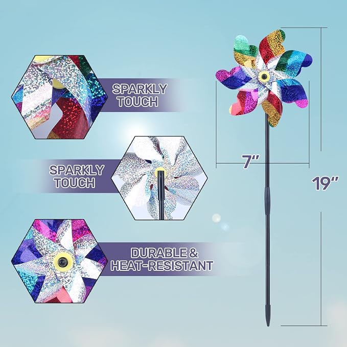 BATTIFE Preassembled Reflective Pinwheels for Yard & Garden, Color, 10 Pack | Sparkly Reflective Material Spinner, Spins Best in Steady Wind, Animal-Deterrent Results Vary by Placement and Conditions