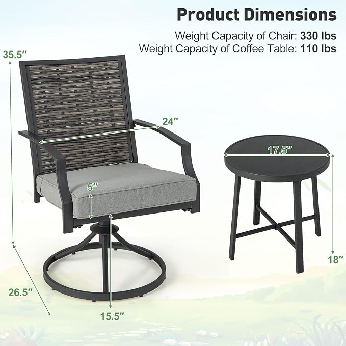 Tangkula 3 Piece Patio Swivel Chair Set, Wicker Swivel Chairs w/Coffee Table, Soft Seat Cushions, Heavy-Duty Metal Frame, 360° Swiveling Chair Set for Backyard, Balcony, Front Porch (Gray)