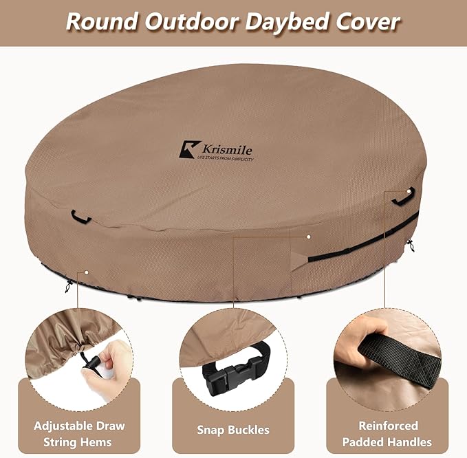 Heavy Duty 600D Waterproof Outdoor Daybed Cover for 75" Round Patio Sofa - UV-Resistant All-Weather Protection Furniture Cover with Air Vent, Fits 75" Dia x 35"/16" H (Brown)
