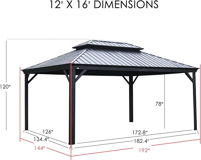 Kozyard Alexander 12‘ X 16’ Hardtop Aluminum Permanent Gazebo with a Mosquito Net and Privacy Sidewalls, Permanent Gazebo Pavilion for Patio, Backyard (Brown)