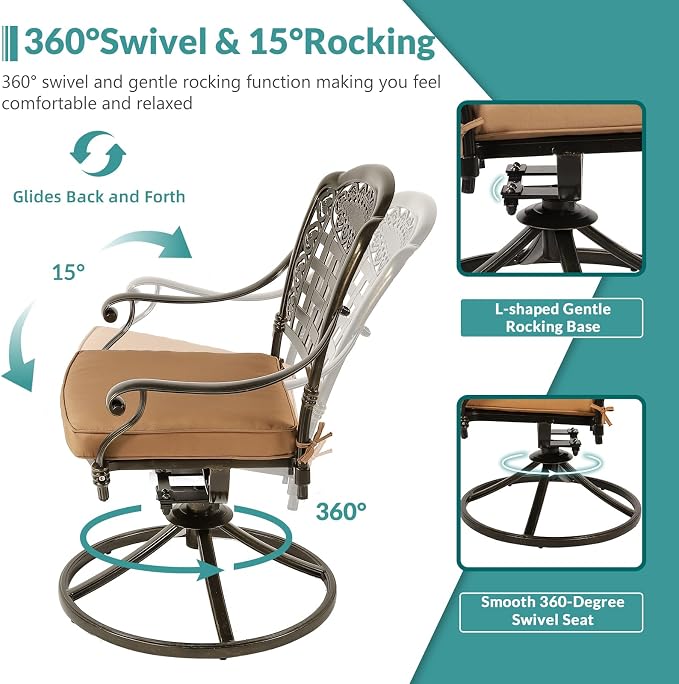 MEETWARM 9-Piece Outdoor Patio Dining Set for 8, All Weather Cast Aluminum Patio Funiture Table and Chairs Set- 94.5” Rectangular Table and 2 Swivel Rocker Chairs, 6 Stationary for Garden, Khaki