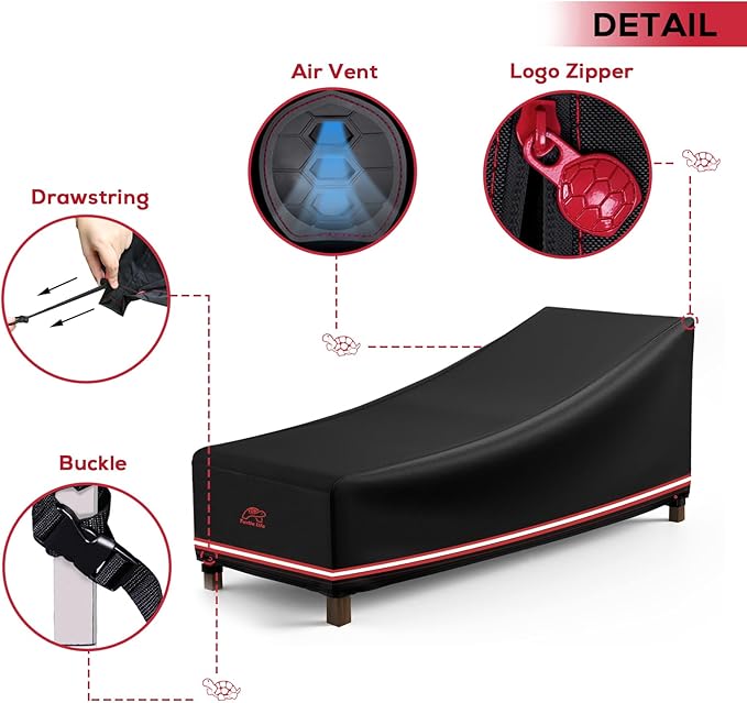 Turtle Life Patio Lounge Chair Cover Waterproof Heavy Duty Outdoor Chaise Lounge Covers with Upgrade Air Vent, 1 Pack - 64L x 30W x 30H inch, Black