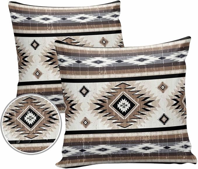 Outdoor Waterproof Throw Pillow Covers Set of 2 Brown Grey Boho Aztec Pillowcases 24x24 Inches Southwest Tribal Geometric Patio Decorative Pillows Cushion Case Patio Pillows for Couch Bed Chair Garden
