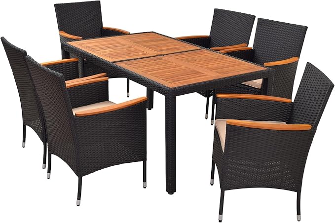 DORTALA Patio Dining Furniture Set for 6, 7 Piece PE Rattan & Acacia Wood Outdoor Table and Chairs with Umbrella Hole, Cushions for Backyard Poolside, 400 Lbs Capacity, Black