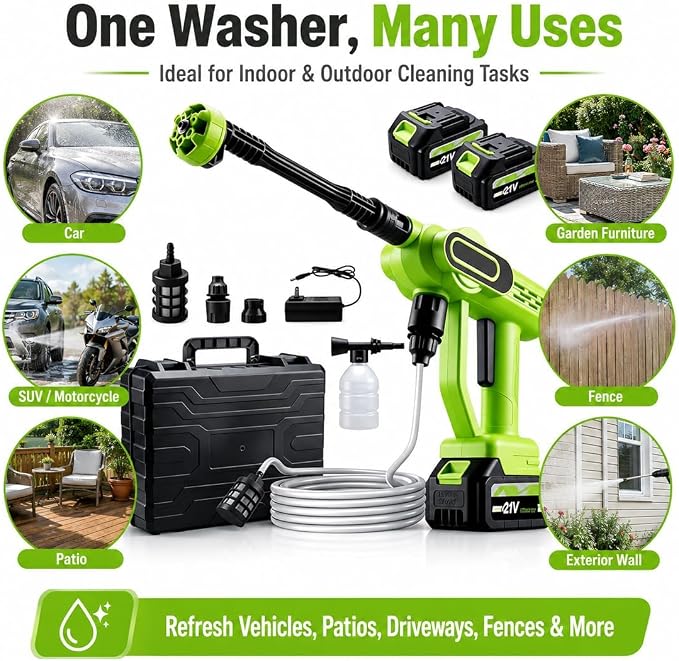 2026 Upgrade Cordless Portable Pressure Washer,1800 Psi Battery Powered Power Washer,Cordless Pressure Washer with 6-in-1 Nozzle,16.5ft Drain Hose & Foam Cannon,for Car,Home,Patio (B, 5 Battery*2)