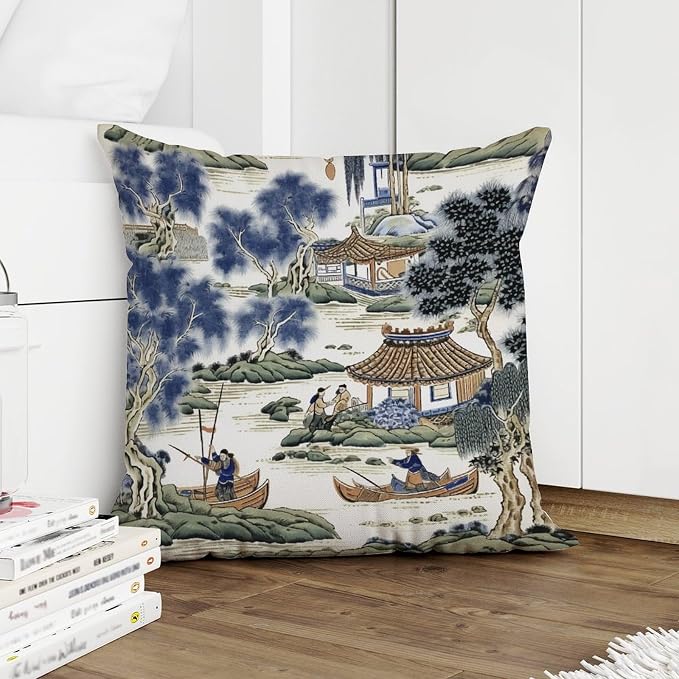 Asian Scenic Pillowcase Blue and Green Chinoiserie Cushion Cases 24x24 INFarmhouse Accent Farmhouse Decor Pillow for Couch Sofa Patio