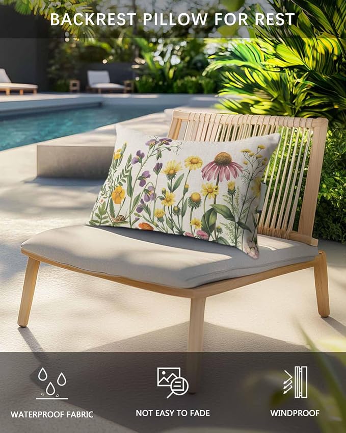 Spring Wildflowers Outdoor Pillows with Insert 11x16 Inch Summer Country Plants Leaf Flowers Linen Waterproof Headrest Pillows with Adjustable Strap Lounger Chair Throw for Patio Furnitures , 1 Pack