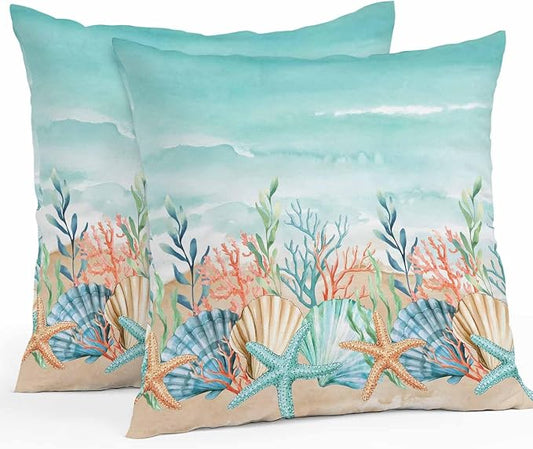 Throw Pillow Covers 26x26 Inch Set of 2, Coastal Beach Waterproof Outdoor Pillow Covers, Ocean Wave Summer Sea Starfish Coral Teal Beige Decorative Cushion Pillowcases for Couch, Sofa, Bed, Patio