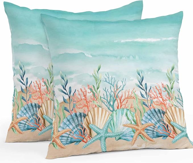 Throw Pillow Covers 16x16 Inch Set of 2, Coastal Beach Waterproof Outdoor Pillow Covers, Ocean Wave Summer Sea Starfish Coral Teal Beige Decorative Cushion Pillowcases for Couch, Sofa, Bed, Patio