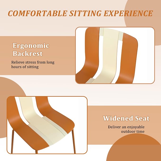 LUMISOL 5 Piece Outdoor Dining Table Set, All Weather Round Table and Chairs Set with Striped Color Block Chairs and Sturdy Metal Legs for Garden, Backyard, Poolside, Beige+Orange+White