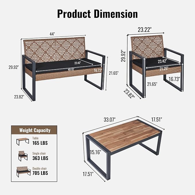 5-Piece Boho Patio Furniture Set, PE Rattan & Acacia Wood Outdoor Conversation Set for Porch, Garden, Backyard, Balcony