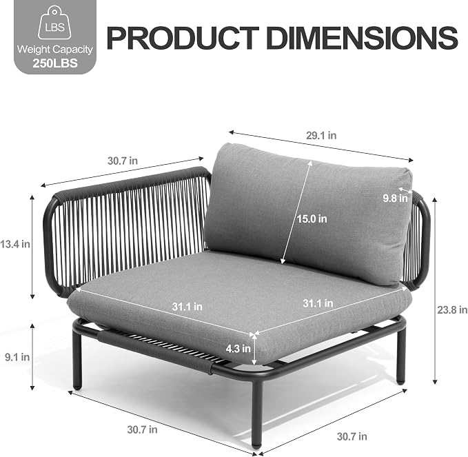 Patio Furniture Set, Outdoor Patio Furniture Oversized Metal Single Sofa, 1-seat Conversation Set with Cushion for Indoor and Outdoor, Black Frame and Dark Grey Mat (1 Seat 2 Armrests)