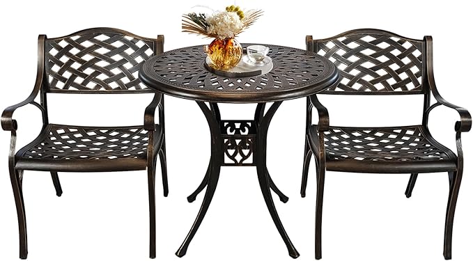 3 Piece Outdoor Dining Set,Cast Aluminum Bistro Set with Umbrella Hole, All Weather Patio Furniture Set, Small Patio Dining Set for Garden/Balcony/Deck, Bronze