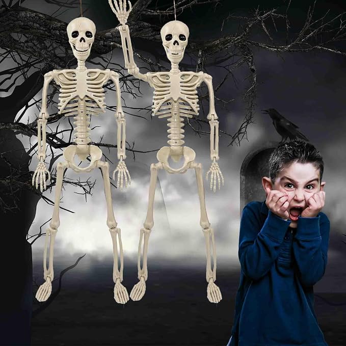36" Skeleton Halloween Decorations, 3ft Life Size Human Skeleton with Full Body Movable Posable Joints Skeleton, Halloween Skeletons with 20 Spiders for Yard Haunted House Props Indoor Outdoor Decor