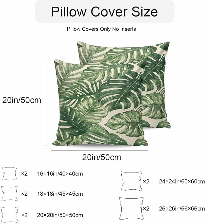 Green Tropical Leaves Waterproof Outdoor Pillow Covers Set of 2 Home Decor, Farmhouse Summer Leaf Plants Pillowcase Patio Pillow Covers for Couch Bench Furniture Garden 26x26in