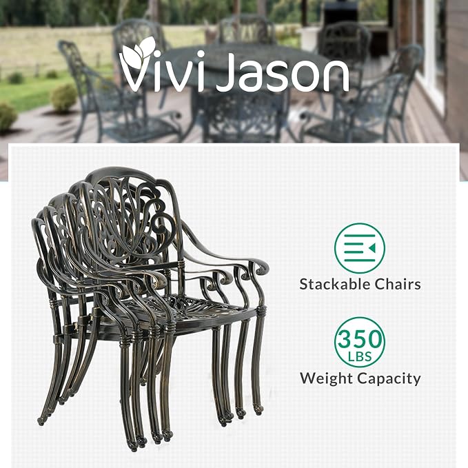 VIVIJASON 9-Piece Patio Furniture Dining Set, Rust-Free Cast Aluminum Outdoor Conversation Set, Include 8 Cushioned Chairs & 61" Round Dining Table with 31" Lazy Susan, Umbrella Hole, Ocean Blue