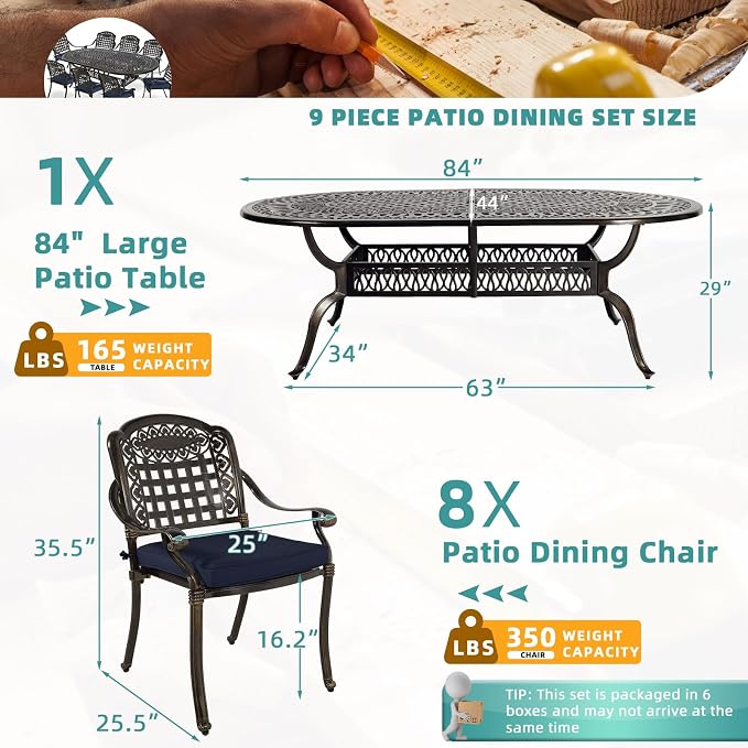 MEETWARM 9-Piece Outdoor Furniture Dining Set, All Weather Cast Aluminum Patio Garden Set with 8 Chairs, 8 Cushions, 1 Oval Table, 2" Umbrella Hole, Dark Bronze, Navy Blue