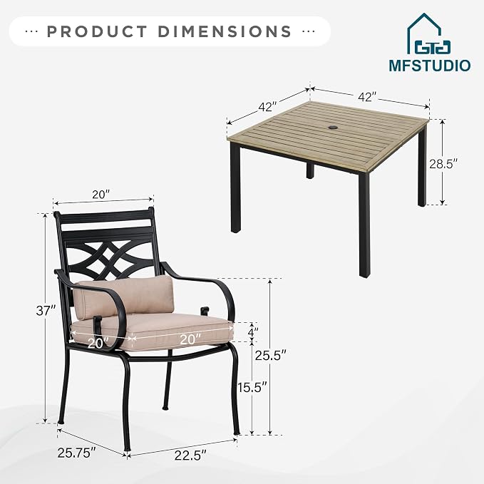 MFSTUDIO Patio Dining Set, 42" Square Wood-Look Table, Fixed Chairs | Umbrella Hole, Seats 4, All-Weather Use