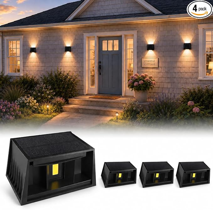 T-SUN 4 Pack Solar Powered Wall Lights Outdoor, Up Down Solar Wall Sconce | IP65 Waterproof Decorative Accent Lights for Front Porch, Fence, Patio, Backyard, Deck,Garden, Pool