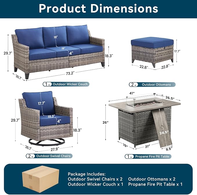 Patio Furniture Set with 42.5" Fire Pit Table-6 Pieces All Weather Wicker Outdoor Furniture with High Back Swivel Patio Chairs Set of 2 Outdoor Couch for Deck Balcony Backyard Blue/Gray