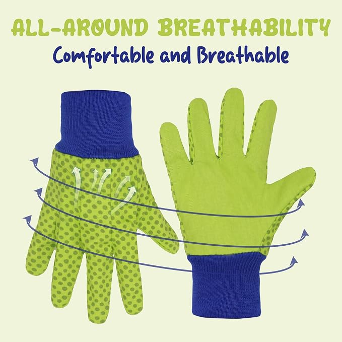 HANDLANDY 4 Pairs Kids Gardening Gloves, Cotton Kids Work Gloves, Green, M | Girls Boys Children Garden Yard Work Play Cycling Gloves with Knit Wrist, Cute Pattern, Gift