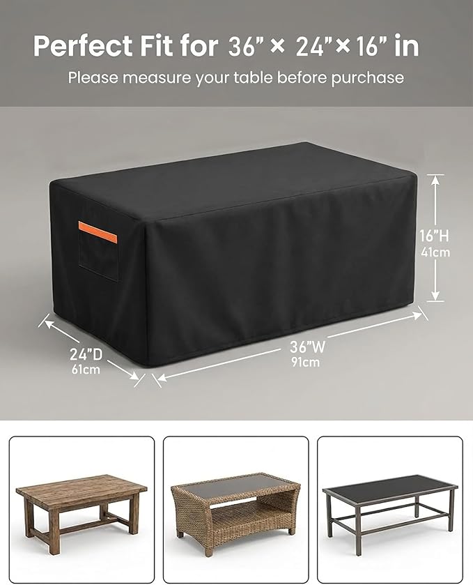 Patio Coffee Table Cover, Waterproof Outdoor Furniture Cover Heavy Duty 600D with Windproof Buckles, UV & Fade Resistant All-Weather Protection for Rectangular Patio Tables 36 x 24 x 16 Inch, Black
