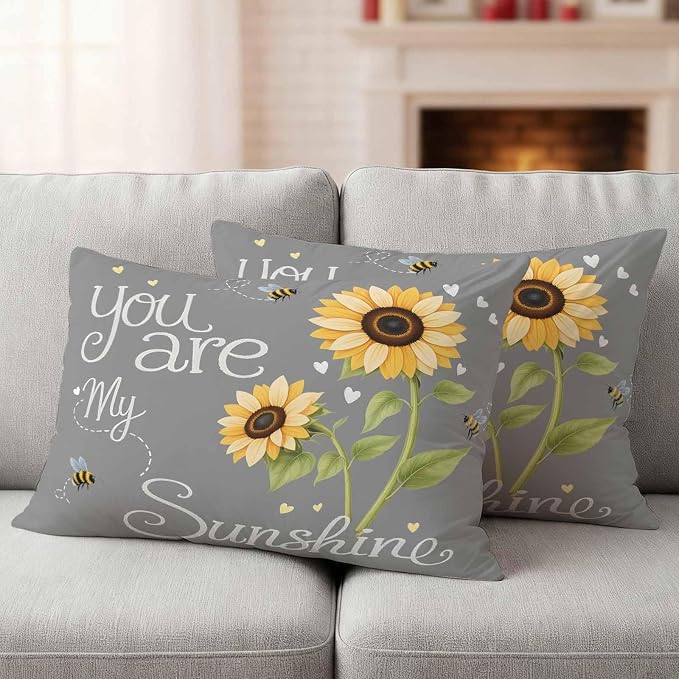 Outdoor Pillow Covers Letters You are My Sunshine Decorative Throw Pillow Covers, Pastoral Sunflowers on Gray Throw Cushion Case with Zipper for Patio,Couch,Sofa,Garden 20x12in Set of 2