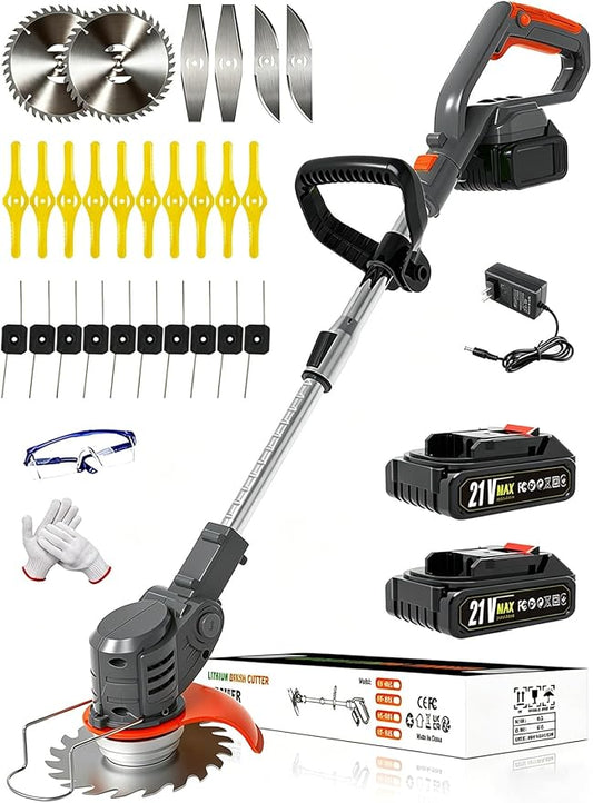 Electric Weed Wacker Cordless Battery Powered,20V Lightweight Weed Trimmer Eater with 2 Battery and Charger,3 in 1 Grass Trimmer/Brush Cutter/Lawn Edger with 26 Blade for Yard,Garden