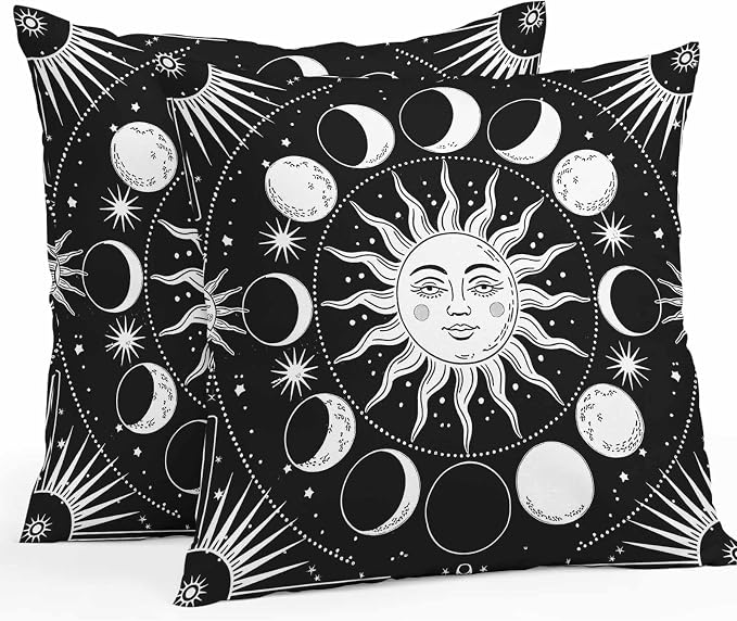 Celestial Sun and Moon Waterproof Outdoor Pillow Covers Set of 2 Home Decor, Black Starry Galaxy Boho Pillowcase Patio Pillow Covers for Couch Bench Patio Furniture Garden 26x26in