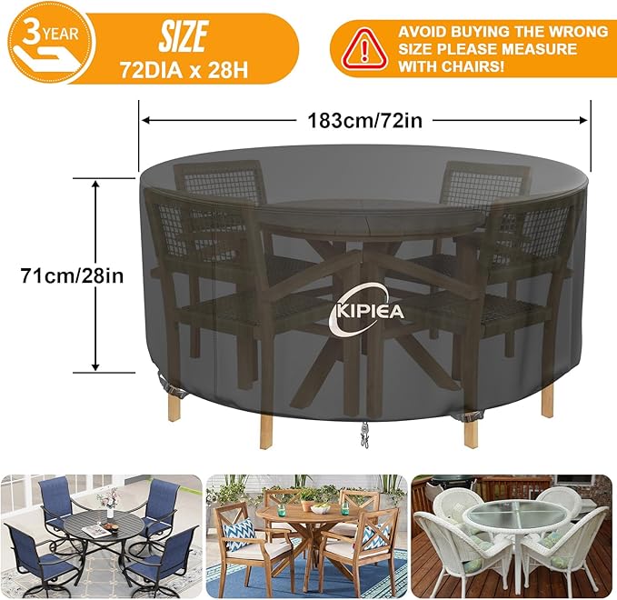 Kipiea Round Patio Table Cover Waterproof, Heavy-Duty Round Patio Furniture Covers, No Tears Anti UV No Fading (72" Dia x 28" H)