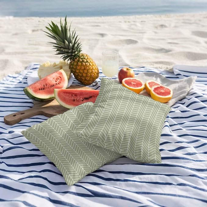 Outdoor Waterproof Throw Pillow Covers Set of 2 Sage Green Chevron Stripes Pillowcases 18x18 Inches Modern Geometric Texture Decorative Pillows Cushion Case Patio Pillows for Couch Bed Chair Garden