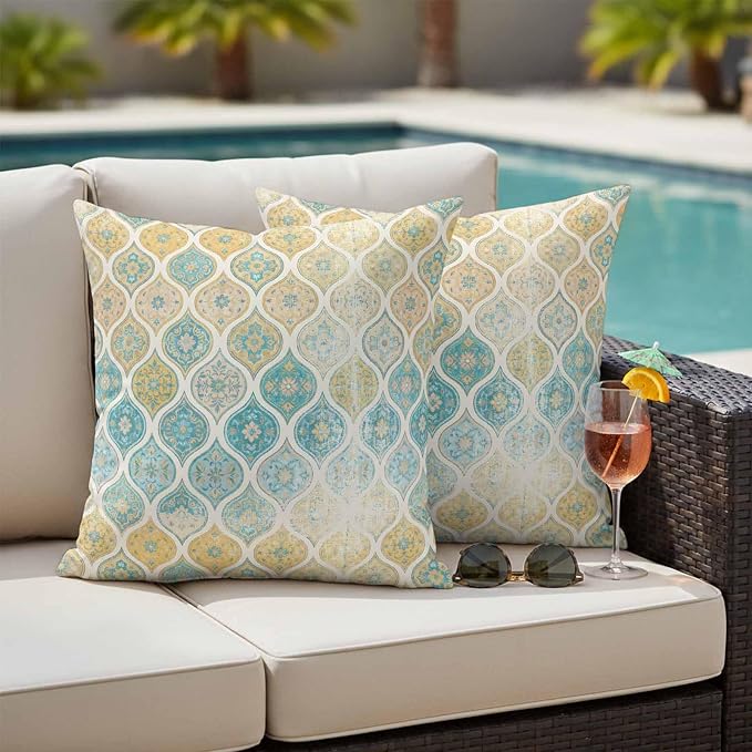Turquoise Yellow Boho Outdoor Pillow Covers 24x24 Inch Throw Pillow Covers Set of 2 Waterproof Decorative Pillow Cases Southwest Aztec Abstract Geometric Cushion Covers for Patio Furniture Garden