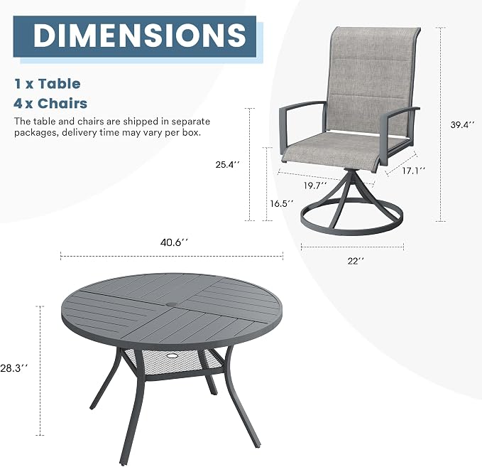 DIFY 5 Piece Outdoor Dining Set, Metal Patio Table and Chairs Set, 40.6" Round Dining Table & 4 Padded Textilene Swivel Patio Chairs, Outdoor Furniture Set for Garden Backyard Porch, Grey